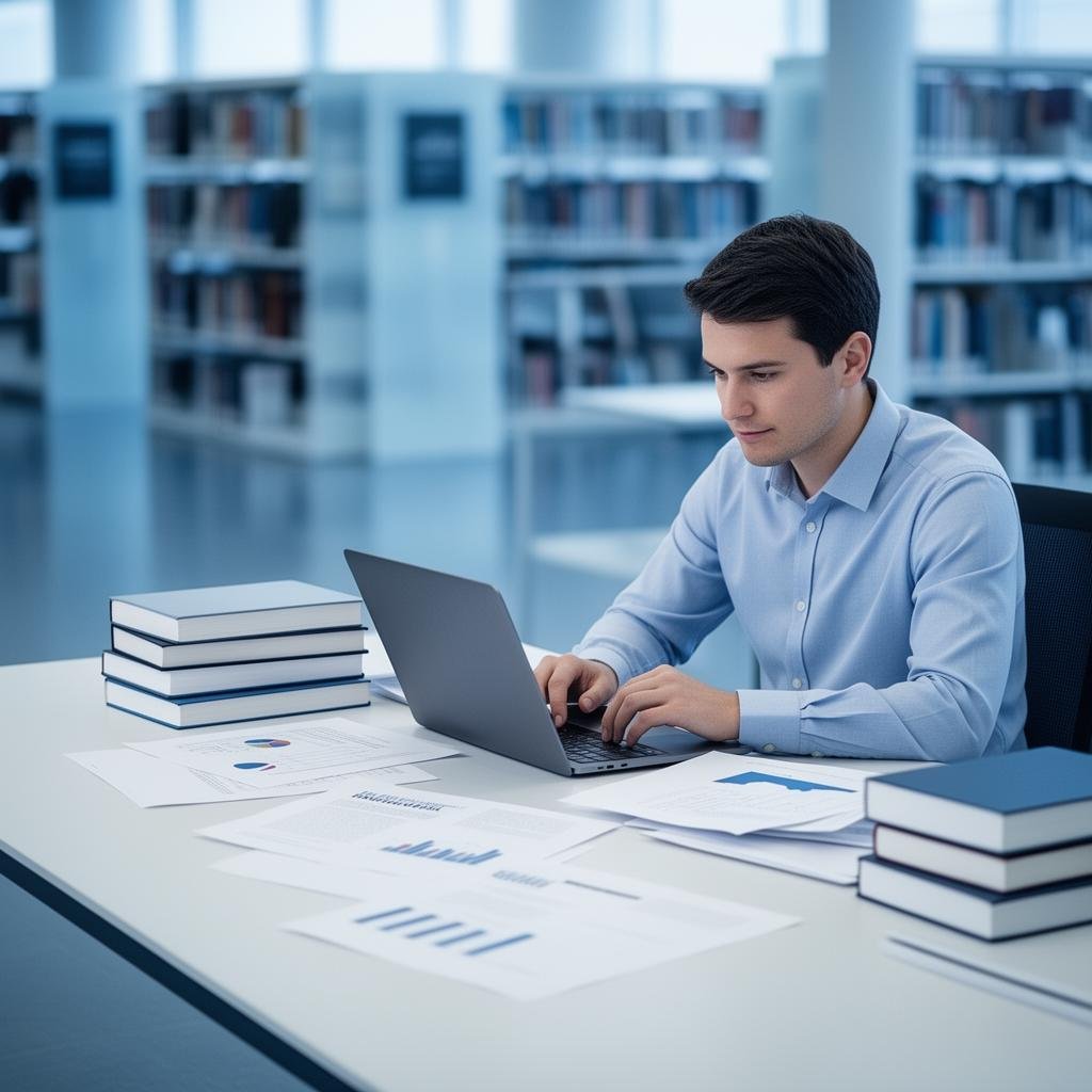 Academic researcher working on thesis with laptop and books